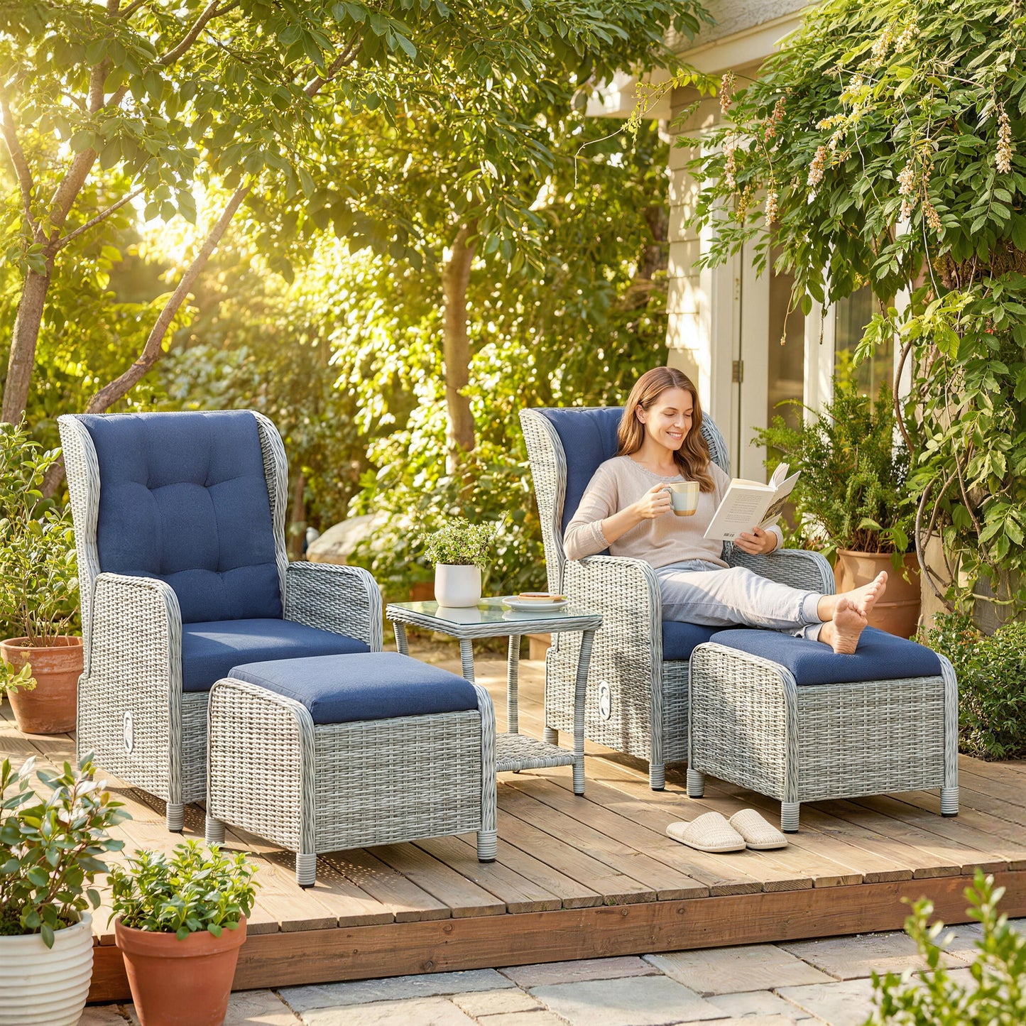 5 Piece Garden Furniture Set, Rattan Reclining Garden Chair Set of 2 with Footstool and Cushion , Dark Blue