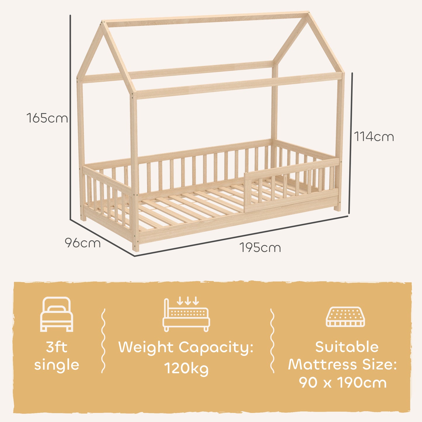 House-Shaped Kids Bed Frame Solid Pine Wood with Guard Rails, Natural