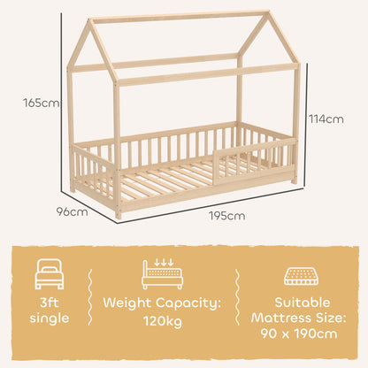 House-Shaped Kids Bed Frame Solid Pine Wood with Guard Rails, Natural