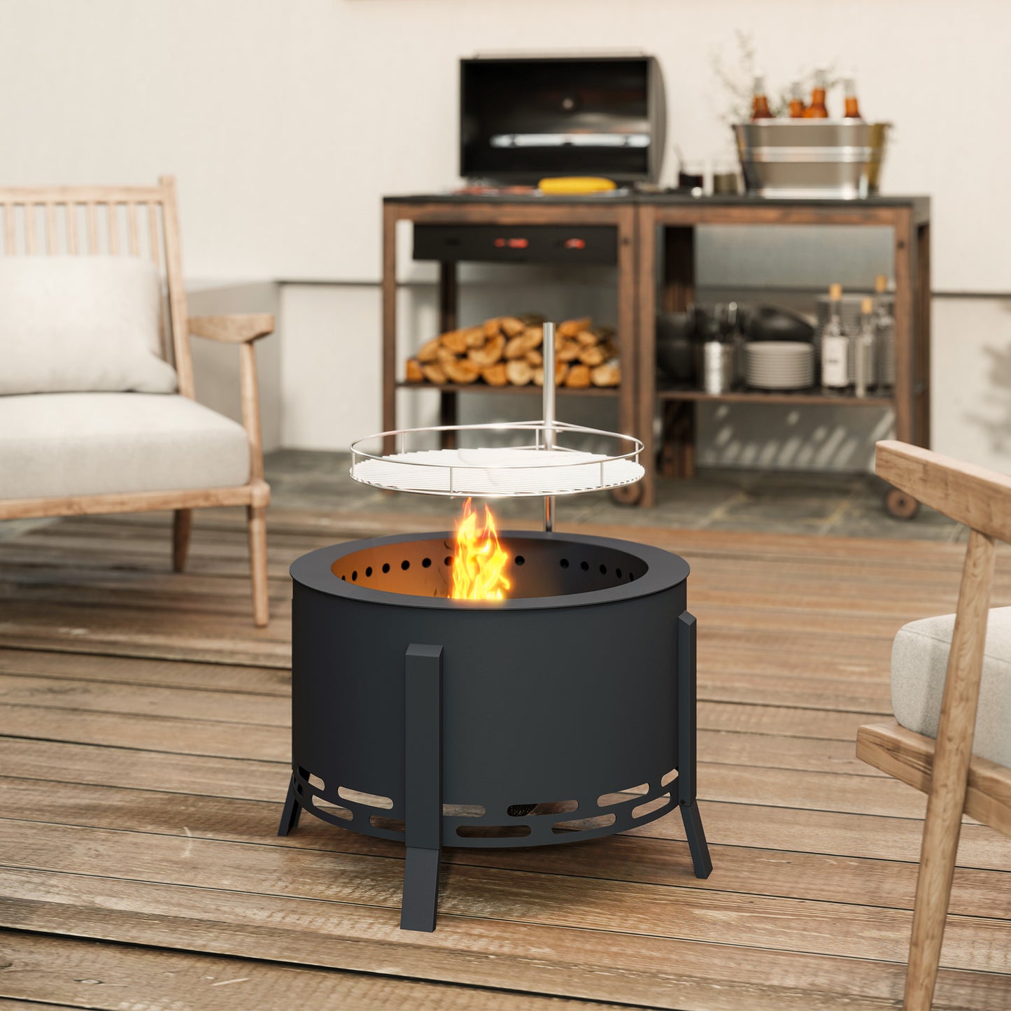 Portable Fire Pit, 58 cm Round Firepit with Grill Grate, Black