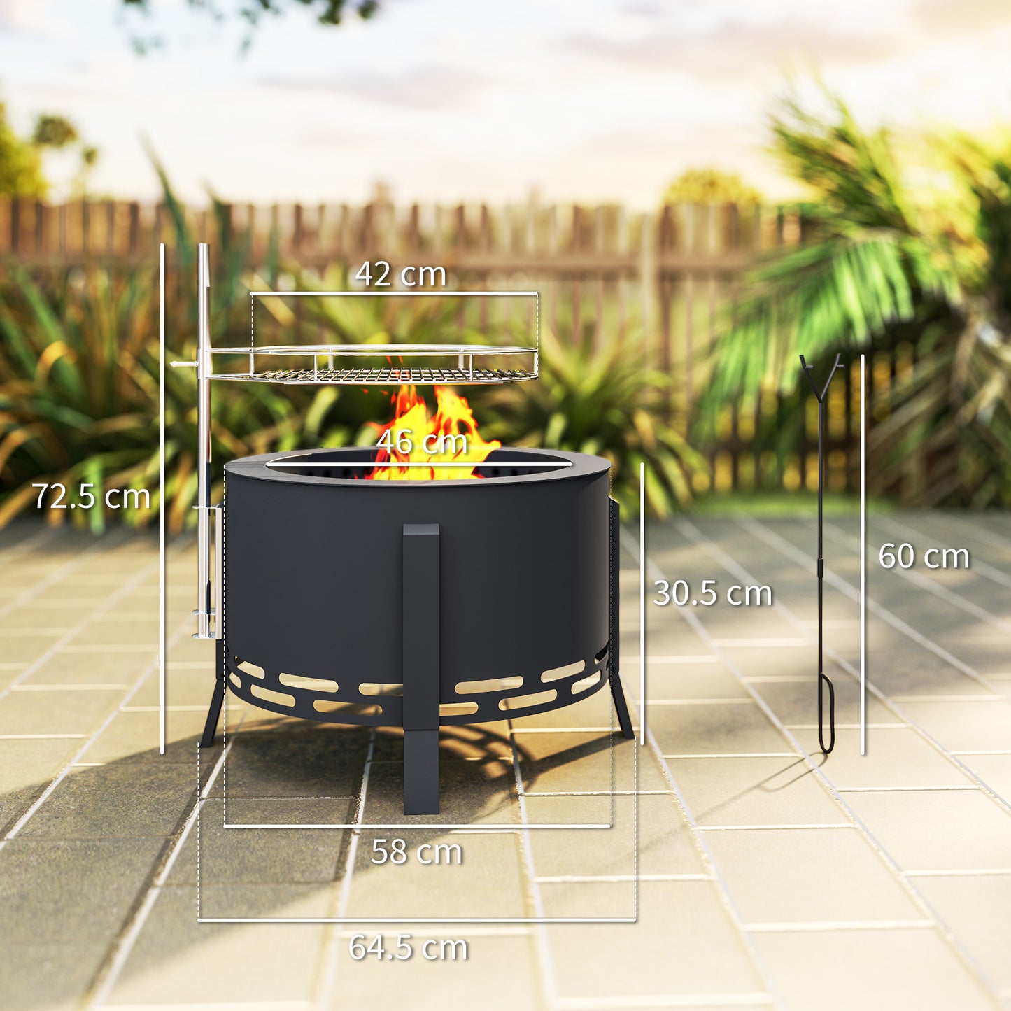 Portable Fire Pit, 58 cm Round Firepit with Grill Grate, Black