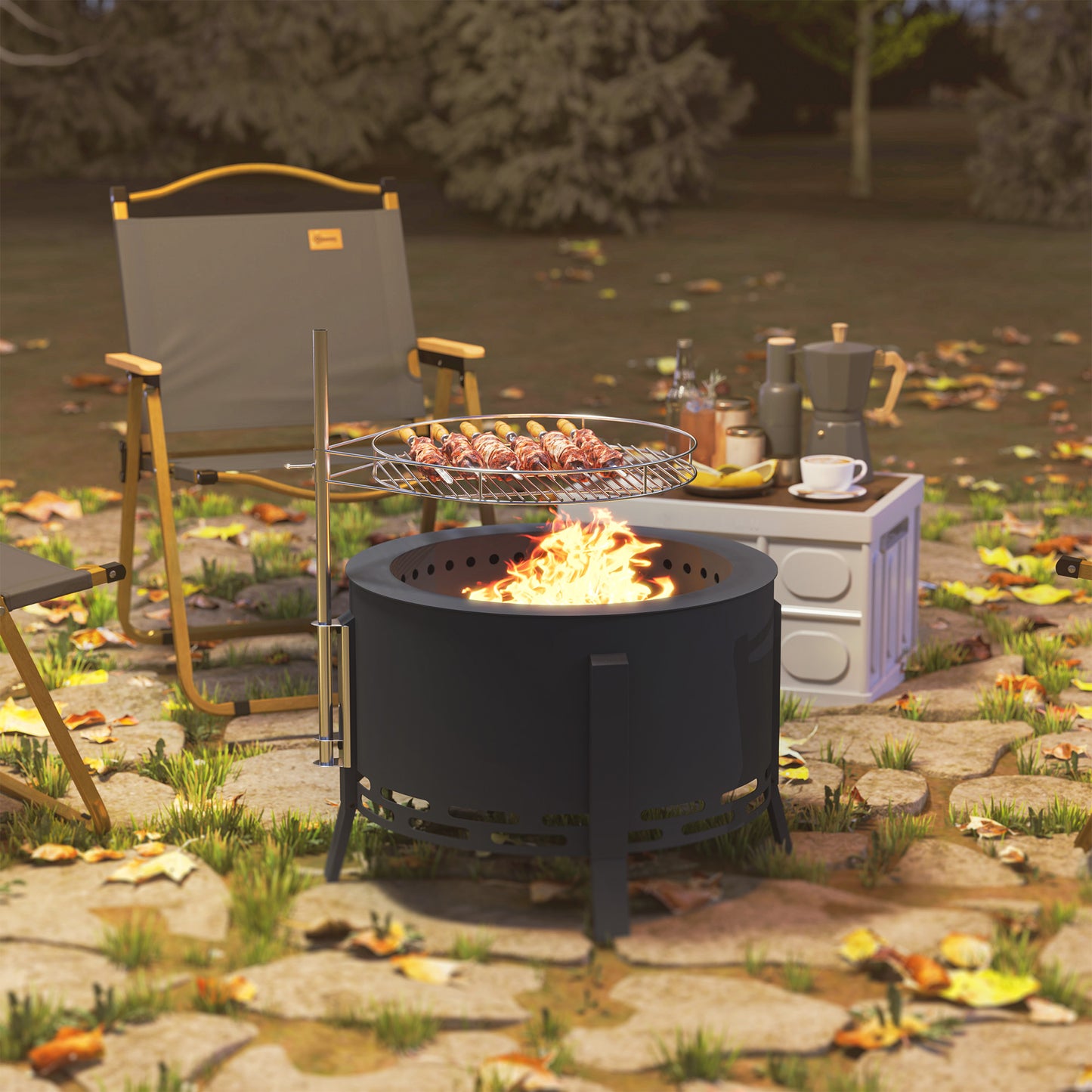 Portable Fire Pit, 58 cm Round Firepit with Grill Grate, Black