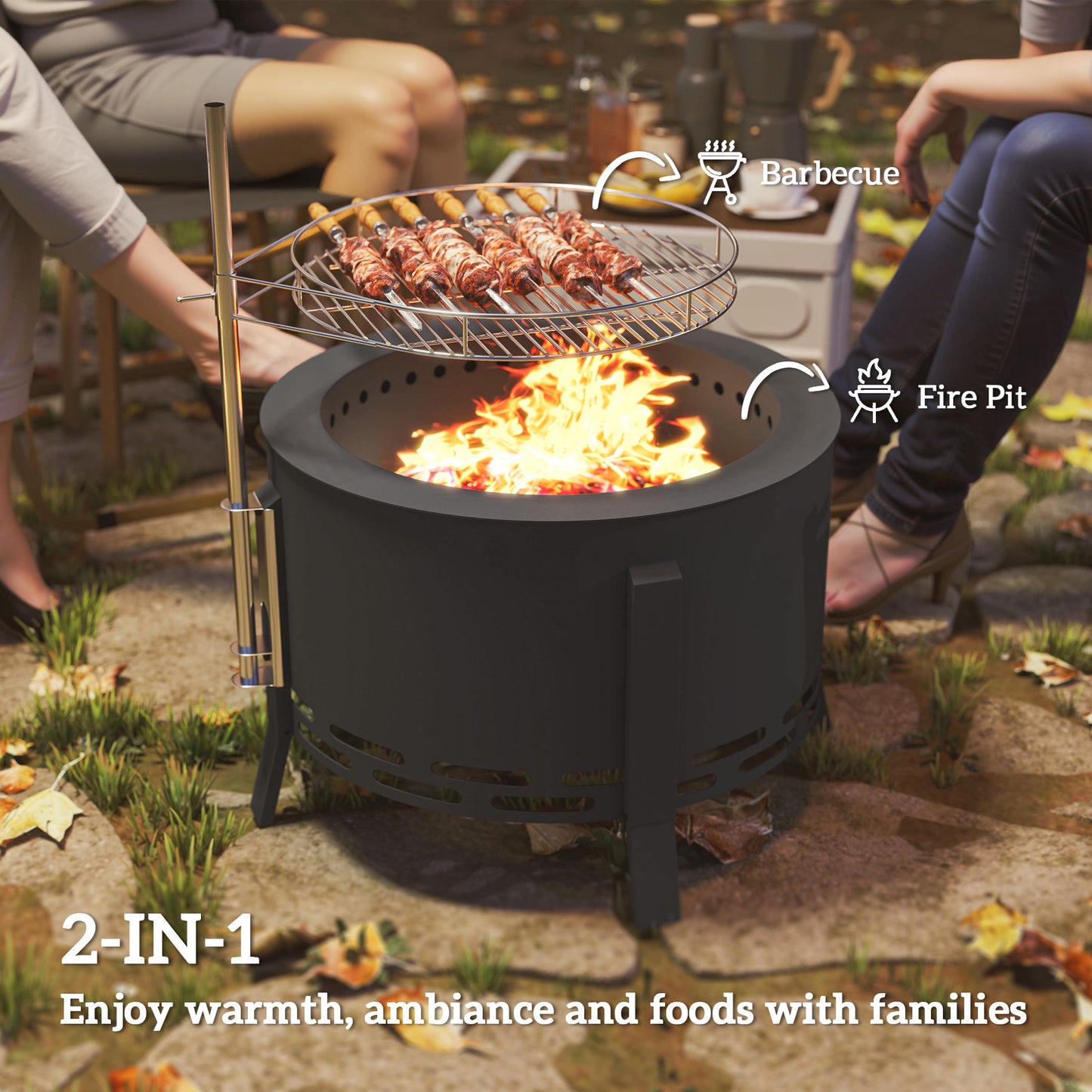 Portable Fire Pit, 58 cm Round Firepit with Grill Grate, Black
