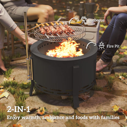 Portable Fire Pit, 58 cm Round Firepit with Grill Grate, Black