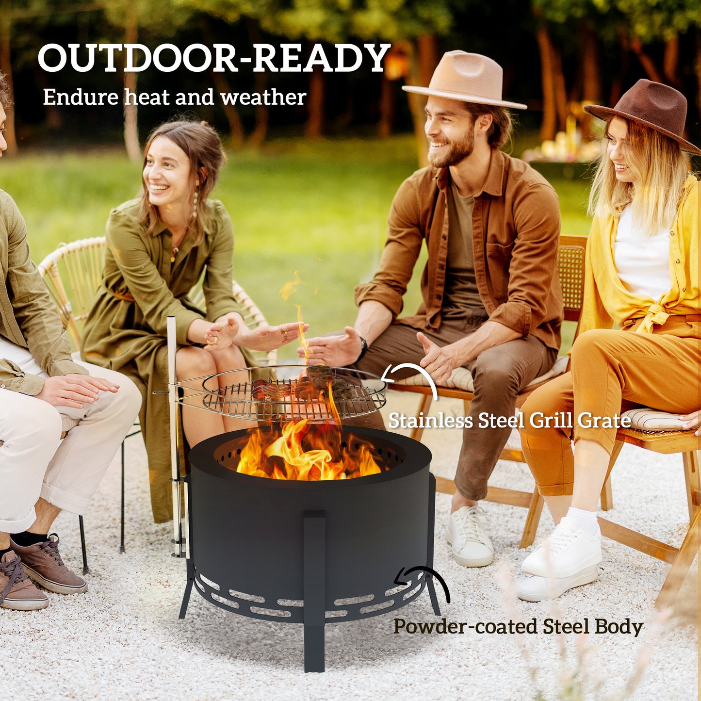 Portable Fire Pit, 58 cm Round Firepit with Grill Grate, Black