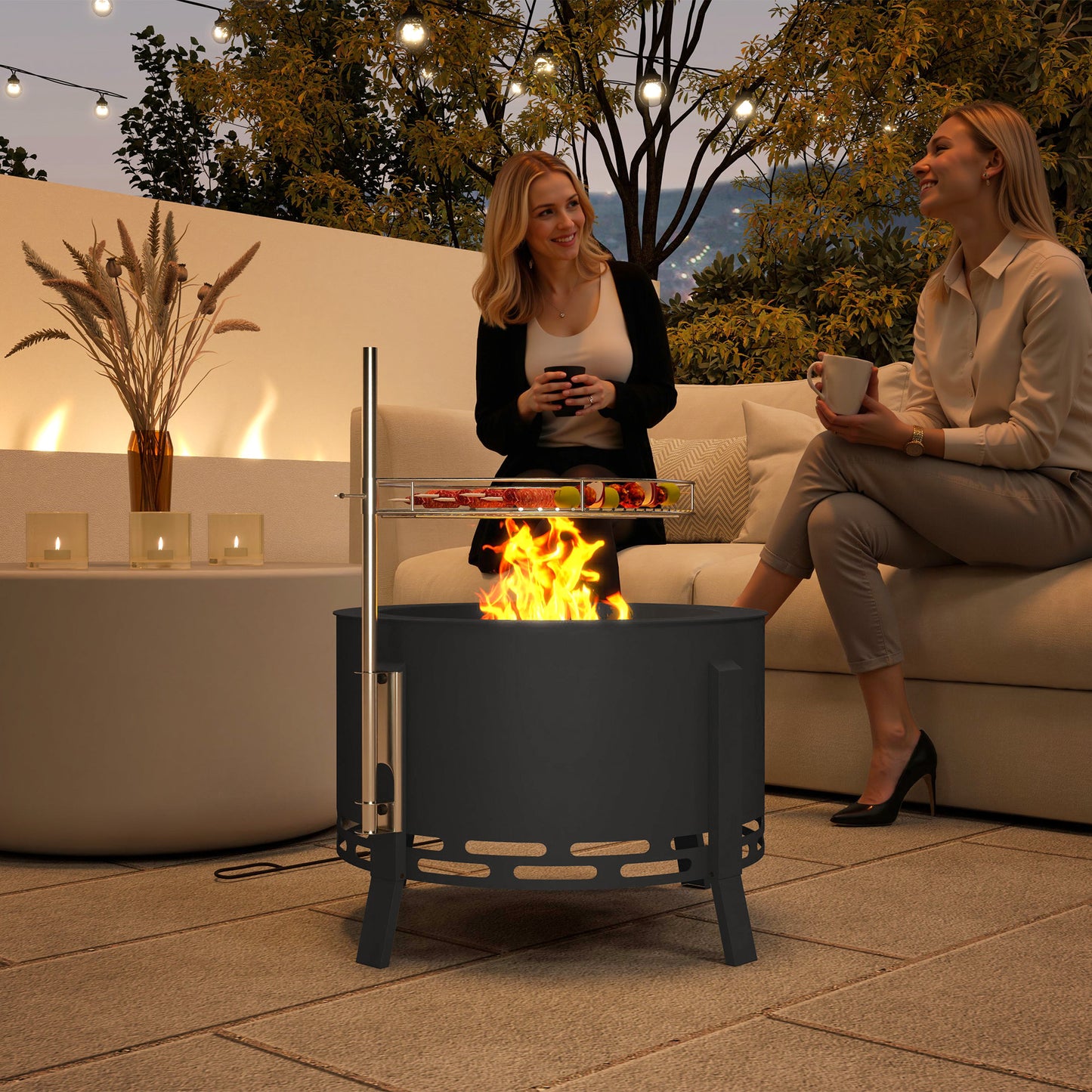 Portable Fire Pit, 58 cm Round Firepit with Grill Grate, Black