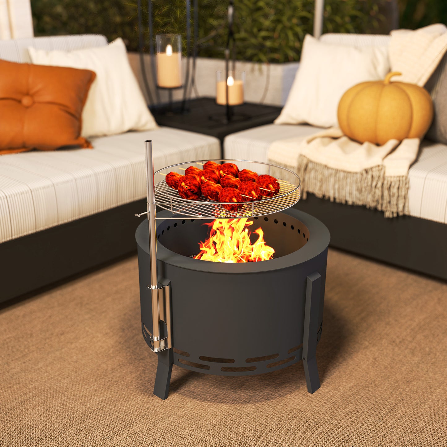 Portable Fire Pit, 58 cm Round Firepit with Grill Grate, Black