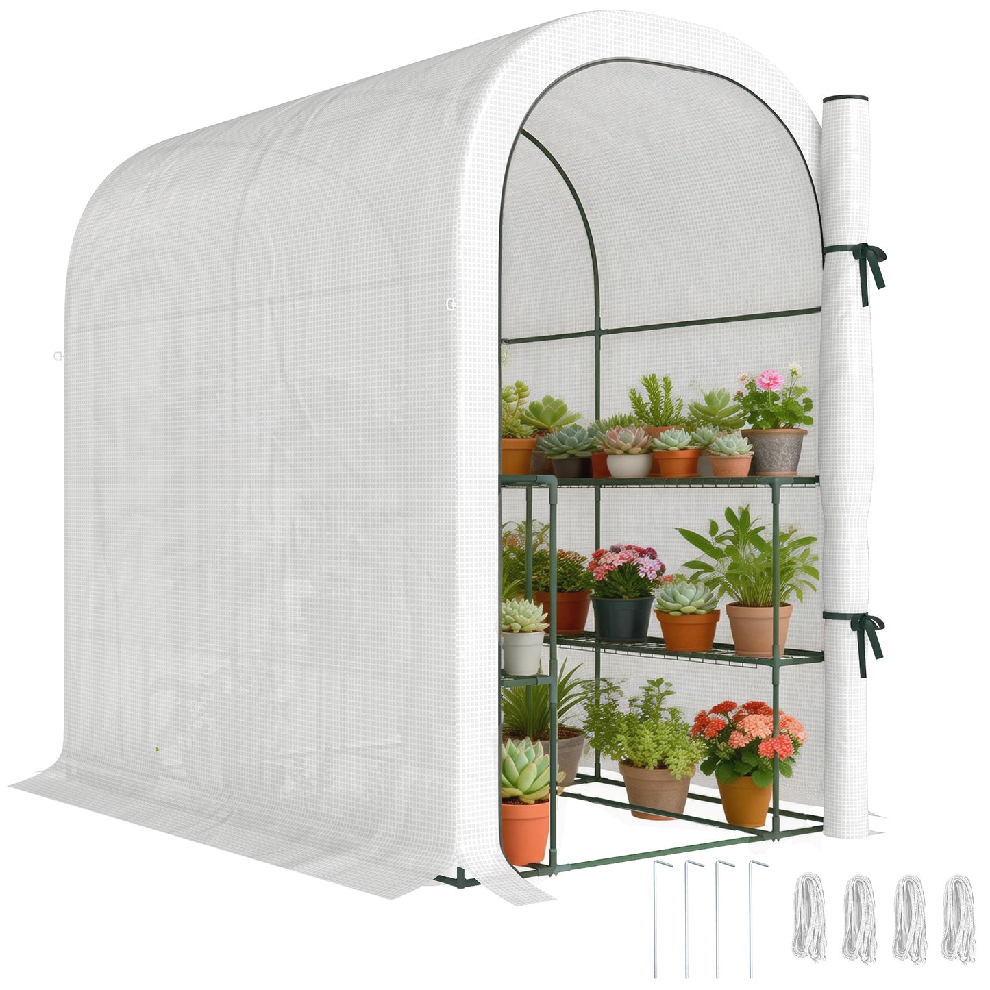 Walk-in Greenhouse Garden Plant Growhouse with Roll-up Door, White