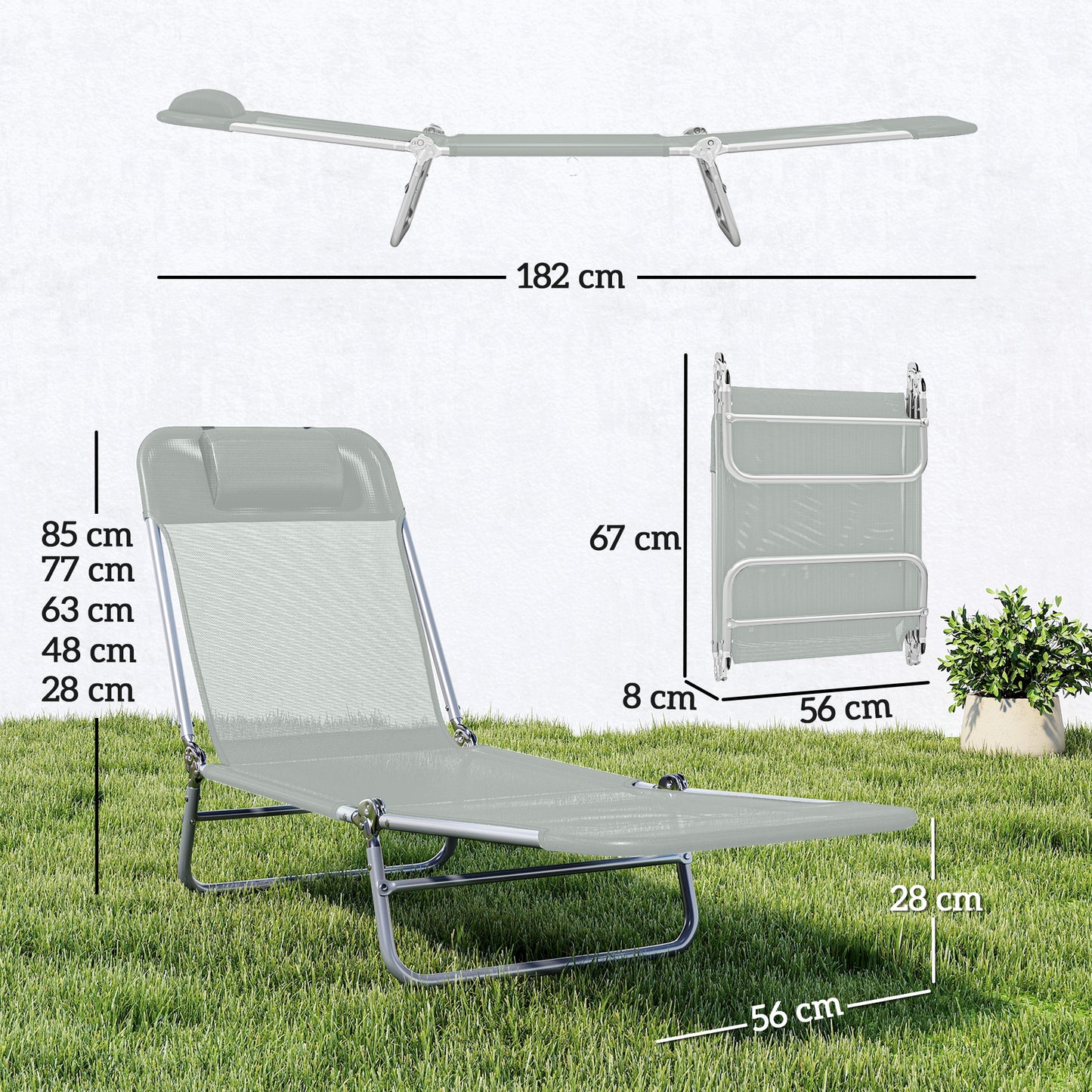 Sun Lounger Foldable Reclining Chair with Headrest Light Grey