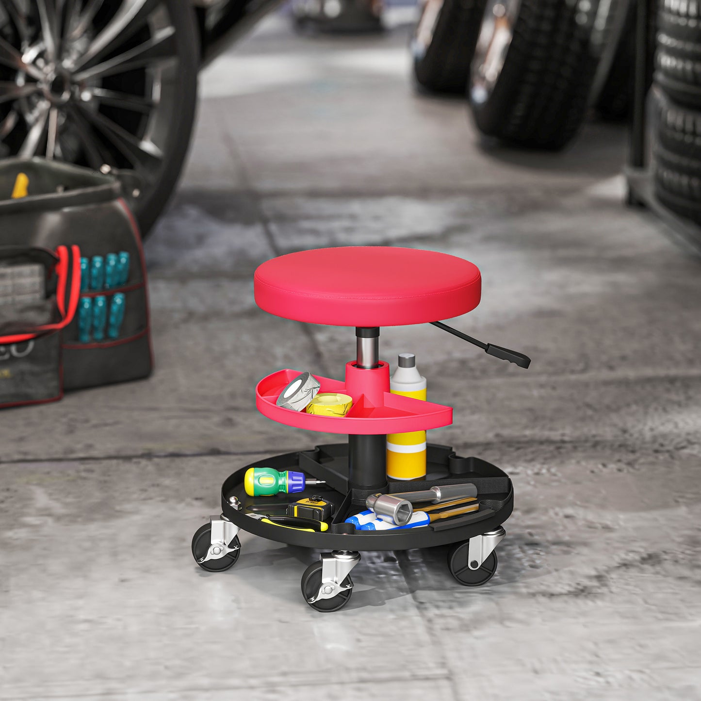 Rolling Mechanic Stool, 135kg Capacity Workshop Stool, Red