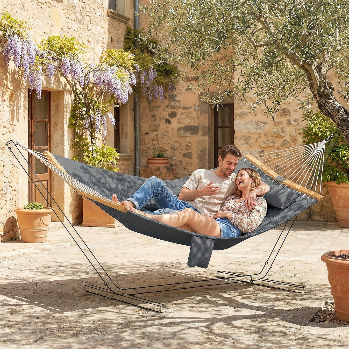 Double Hammock 2-Person Padded Swing Bed Grey