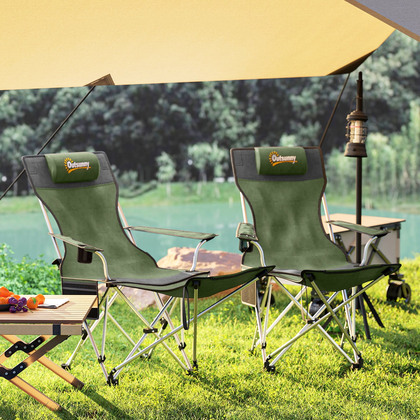 Set of 2 Reclining Camping Chairs, Olive Green and Grey
