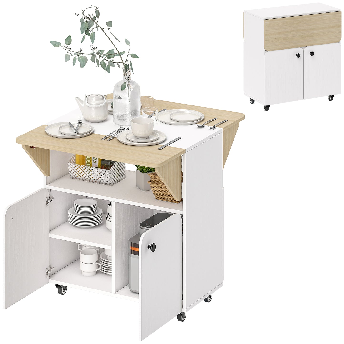 Folding Dining Table, Rolling Drop Leaf Table with Hidden Shelf