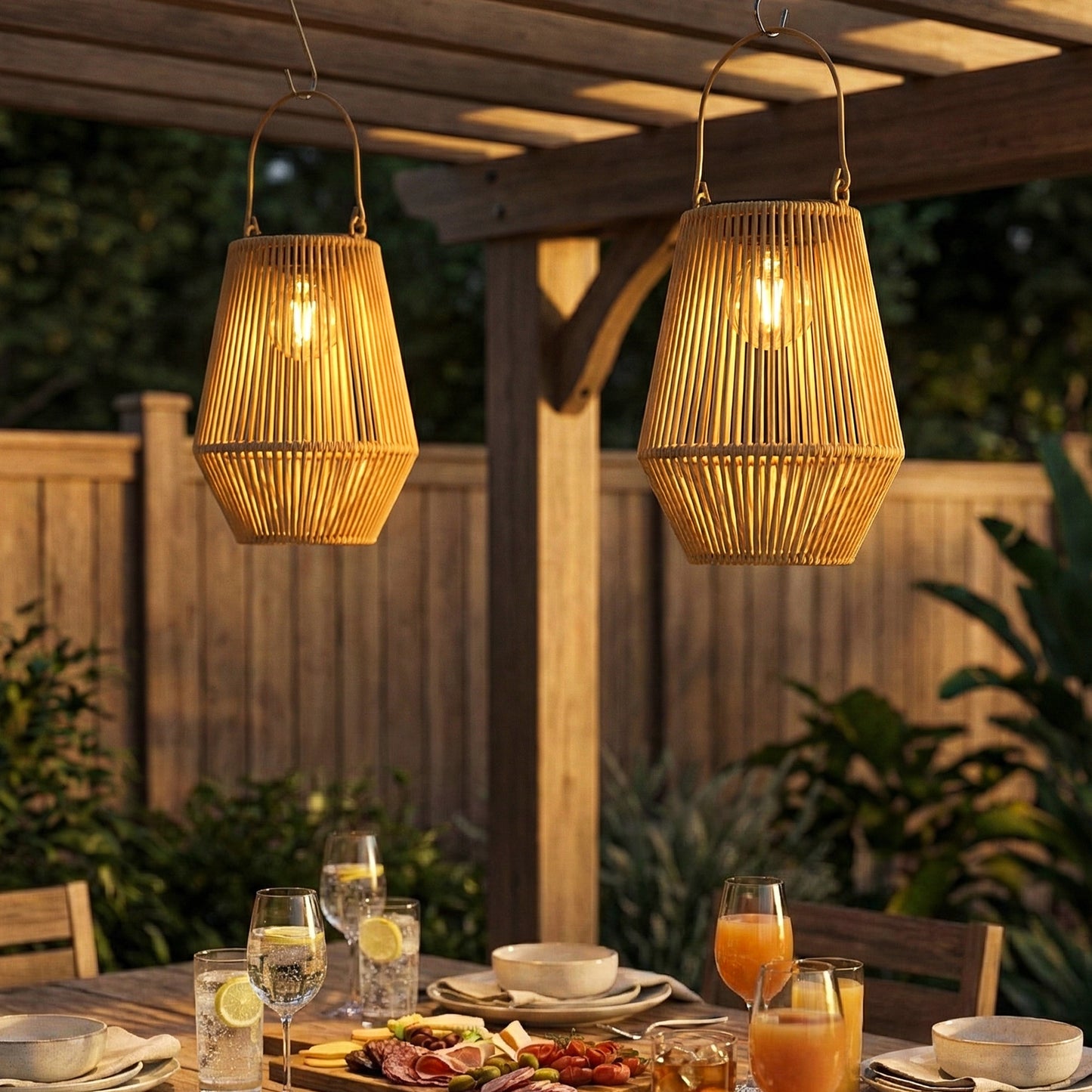 Rattan Hanging Solar Lights Outdoor Garden Lantern Set of 2, Brown