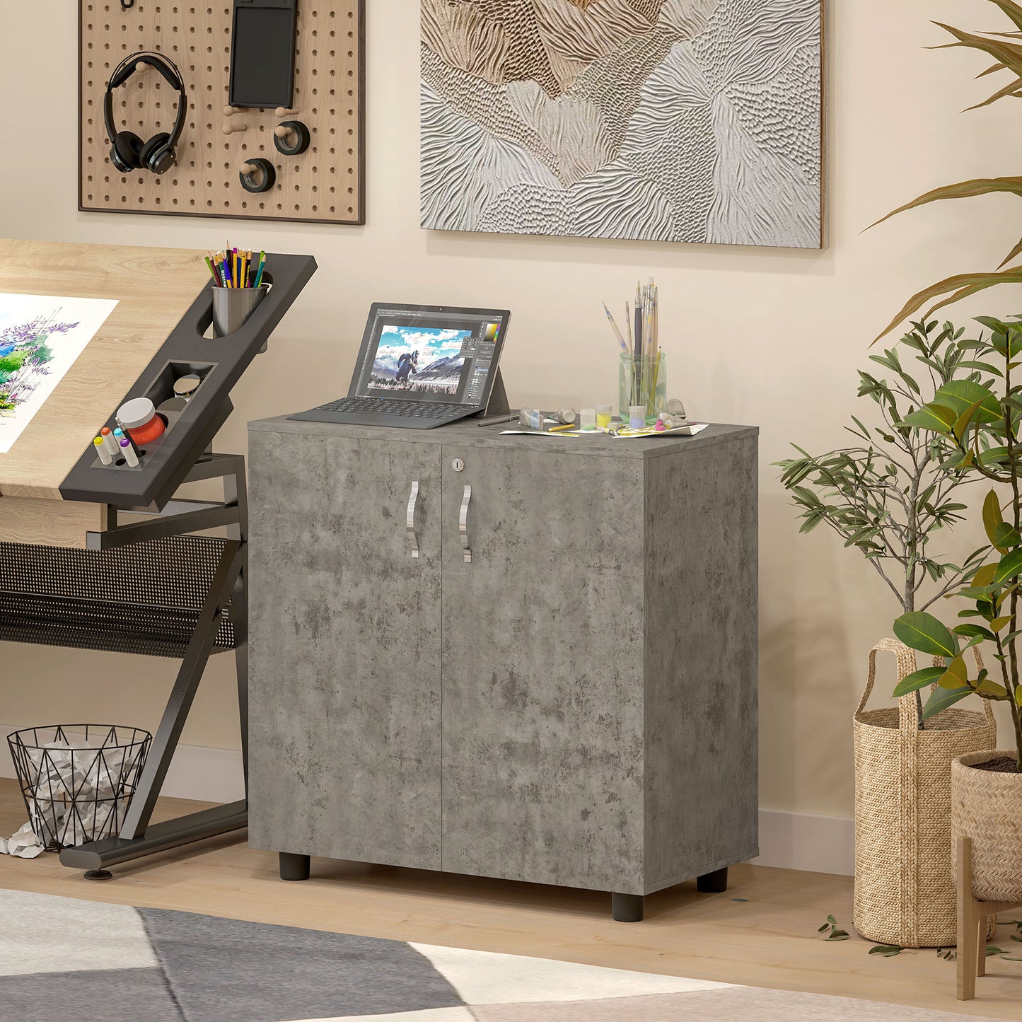 2-Tier Locking Filing Cabinet Office Storage Cabinet, Grey
