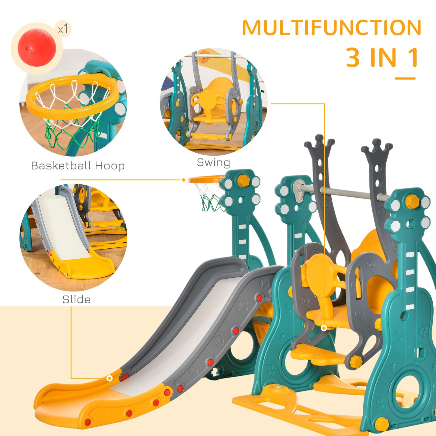 3-IN-1 Kids Swing and Slide Set with Basketball Hoop Slide Swing