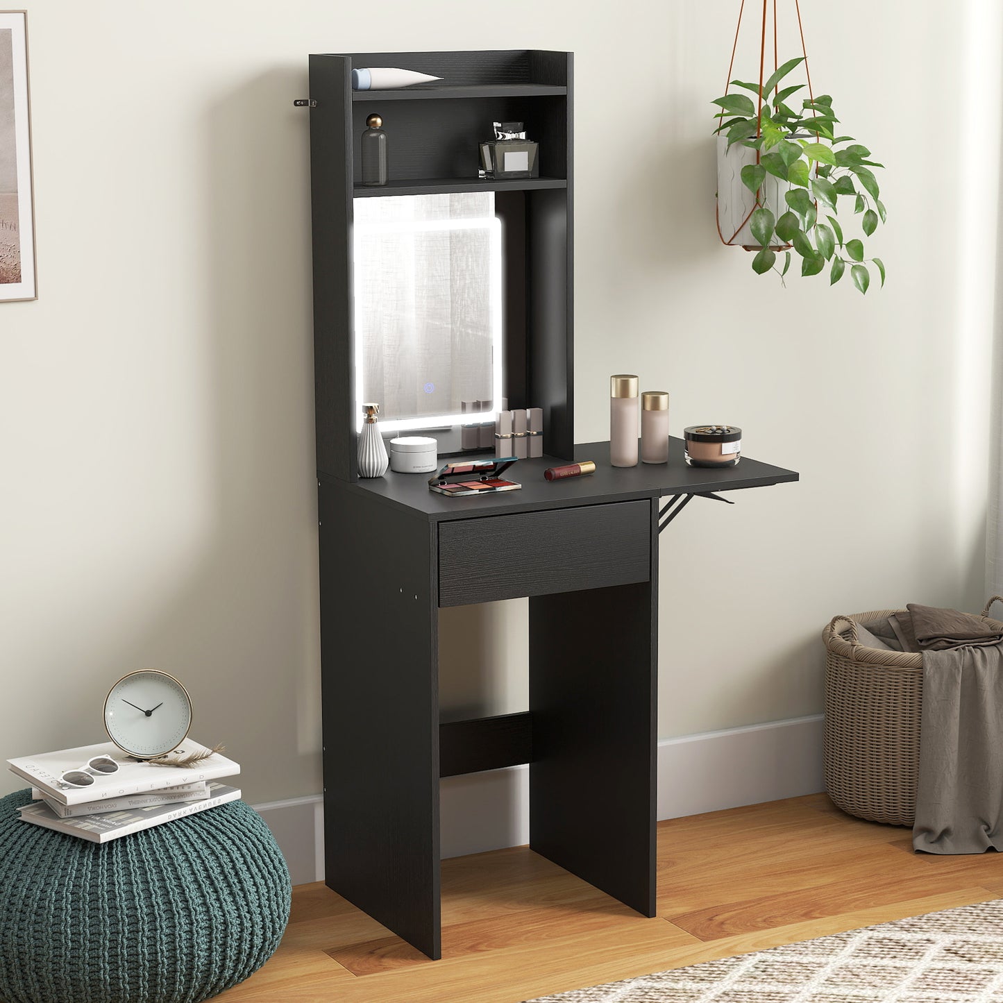 Compact Dressing Table with Lighted Mirror Open Shelves Drawer Black