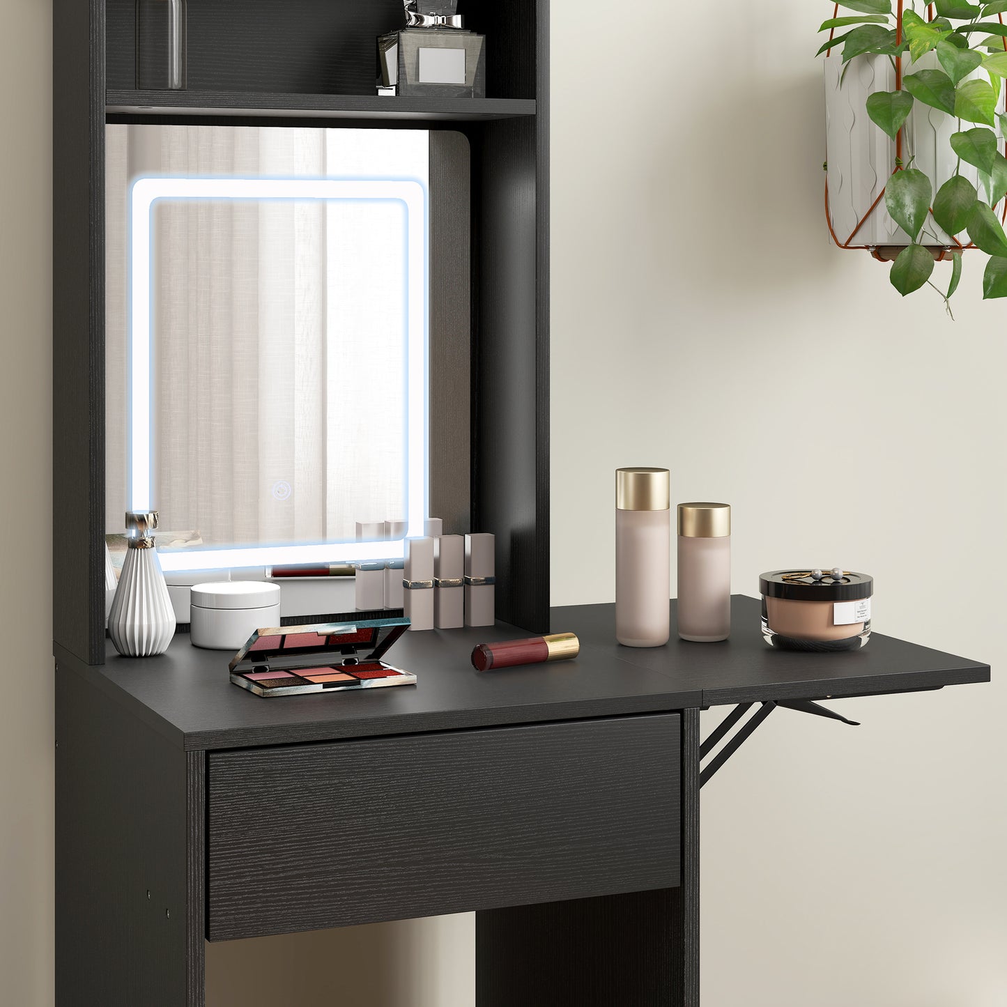 Compact Dressing Table with Lighted Mirror Open Shelves Drawer Black