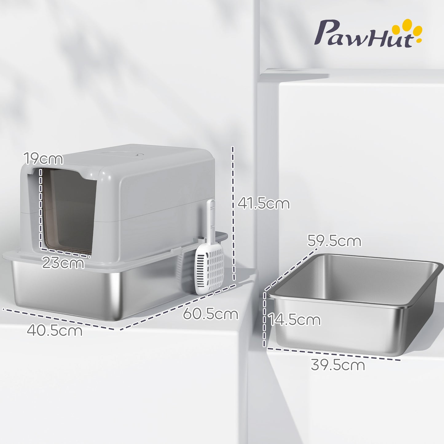 Stainless Steel Cat Litter Box with Removable Lid, Scoop, Grey