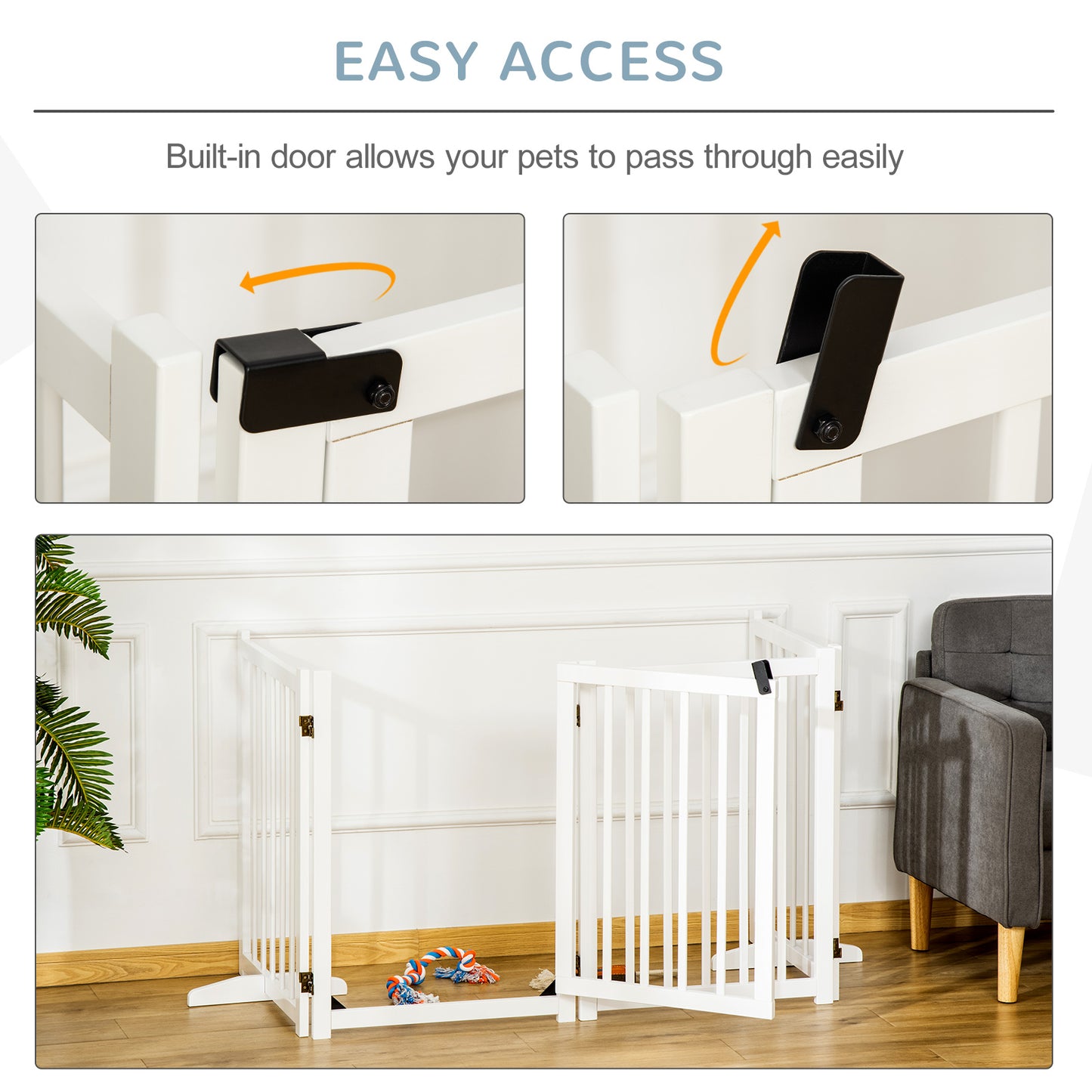 Freestanding Pet Gate for Small and Medium Dogs, Wooden Foldable Dog Safety Barrier with 4 Panels, 2 Support Feet, 80 cm Tall for Doorways, Stairs White