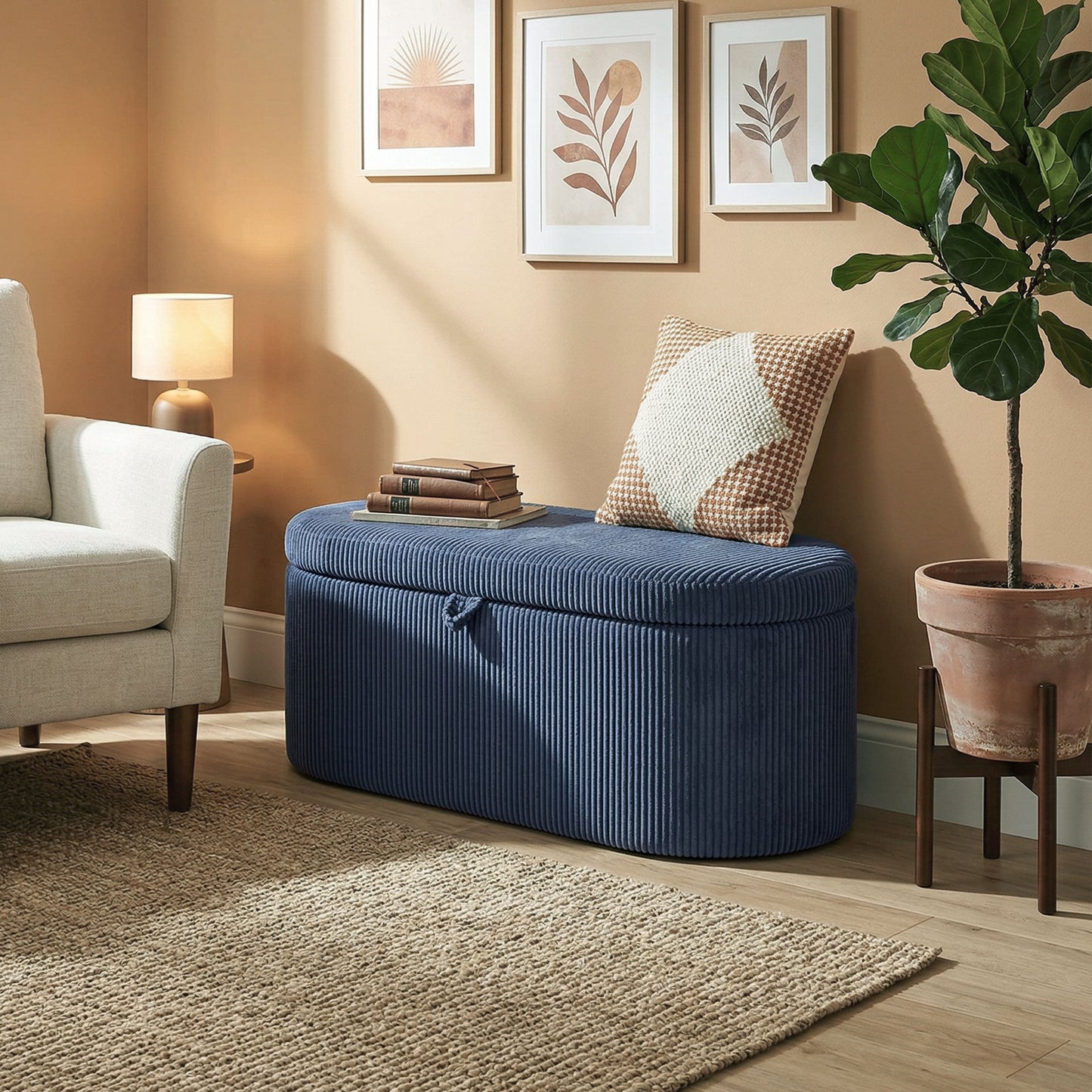 Storage Ottoman, Corduroy Ottoman Storage Box with Padded Seat, Blue