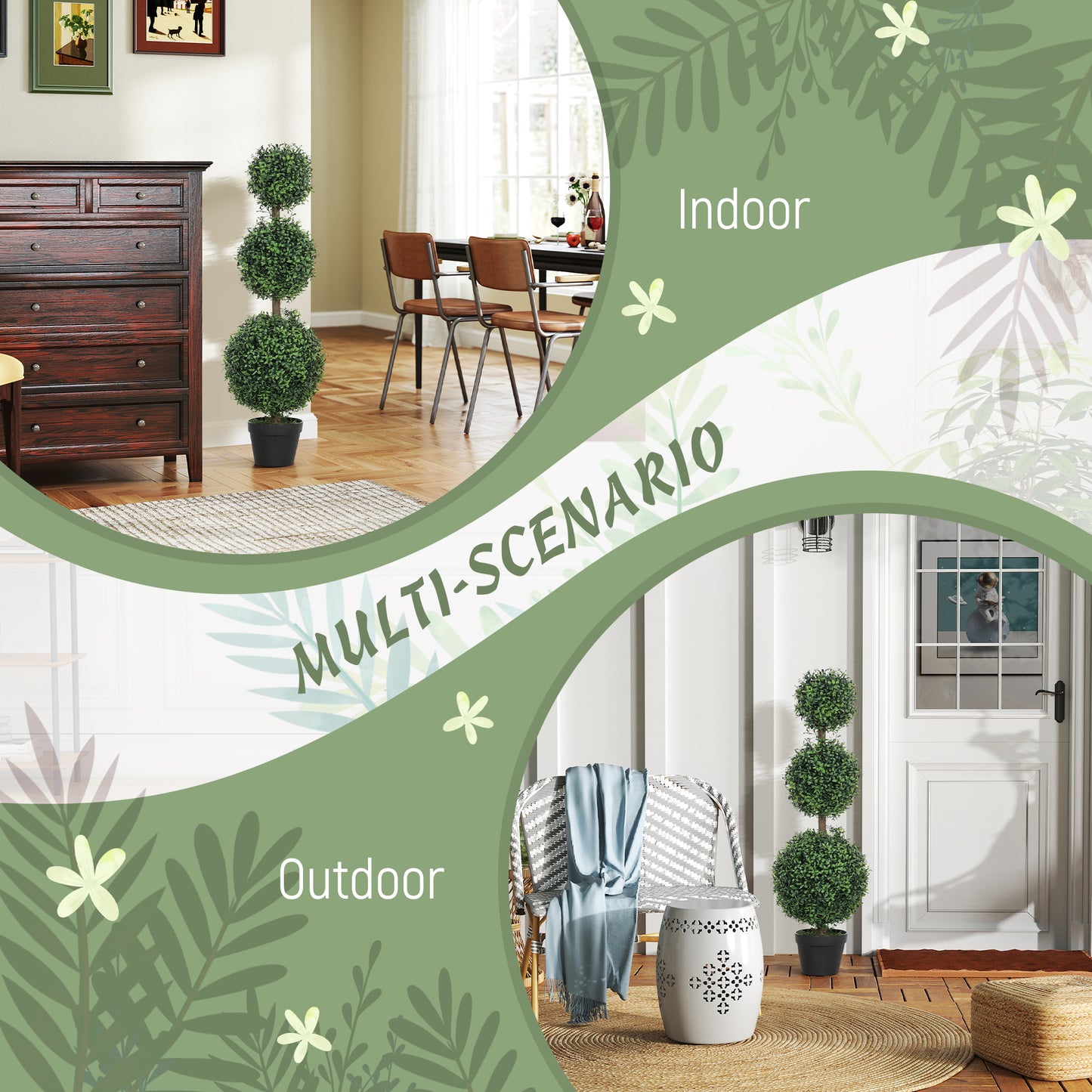 Set of 2 Decorative Artificial Plants Boxwood Trees in Pot, Green