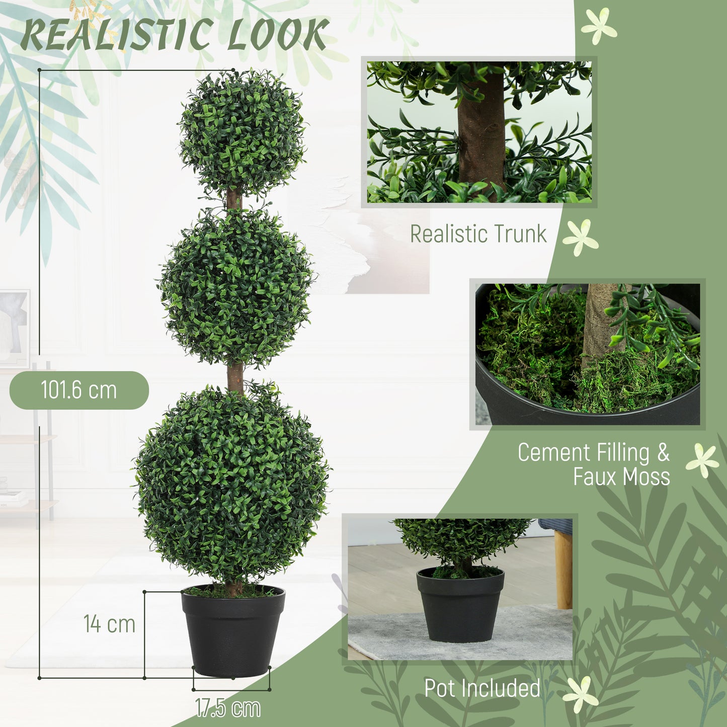 Set of 2 Decorative Artificial Plants Boxwood Trees in Pot, Green