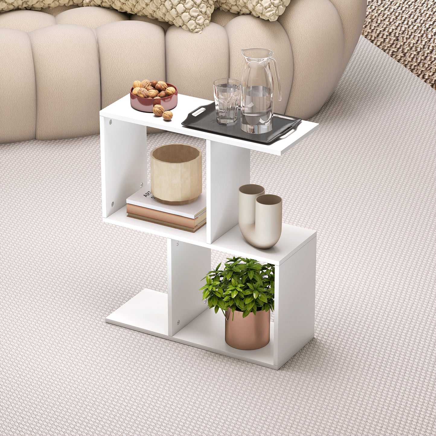 Side Table, Narrow End Table with Storage Shelves, White