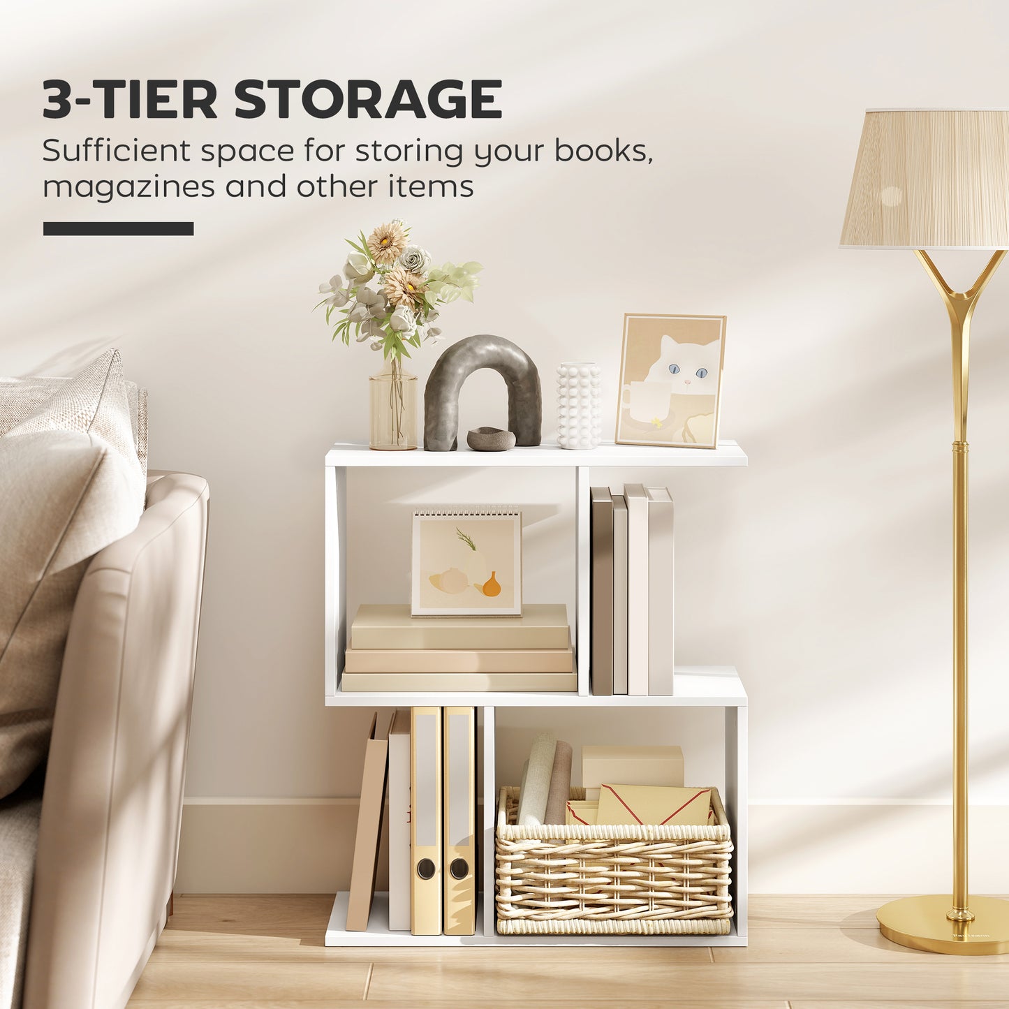 Side Table, Narrow End Table with Storage Shelves, White