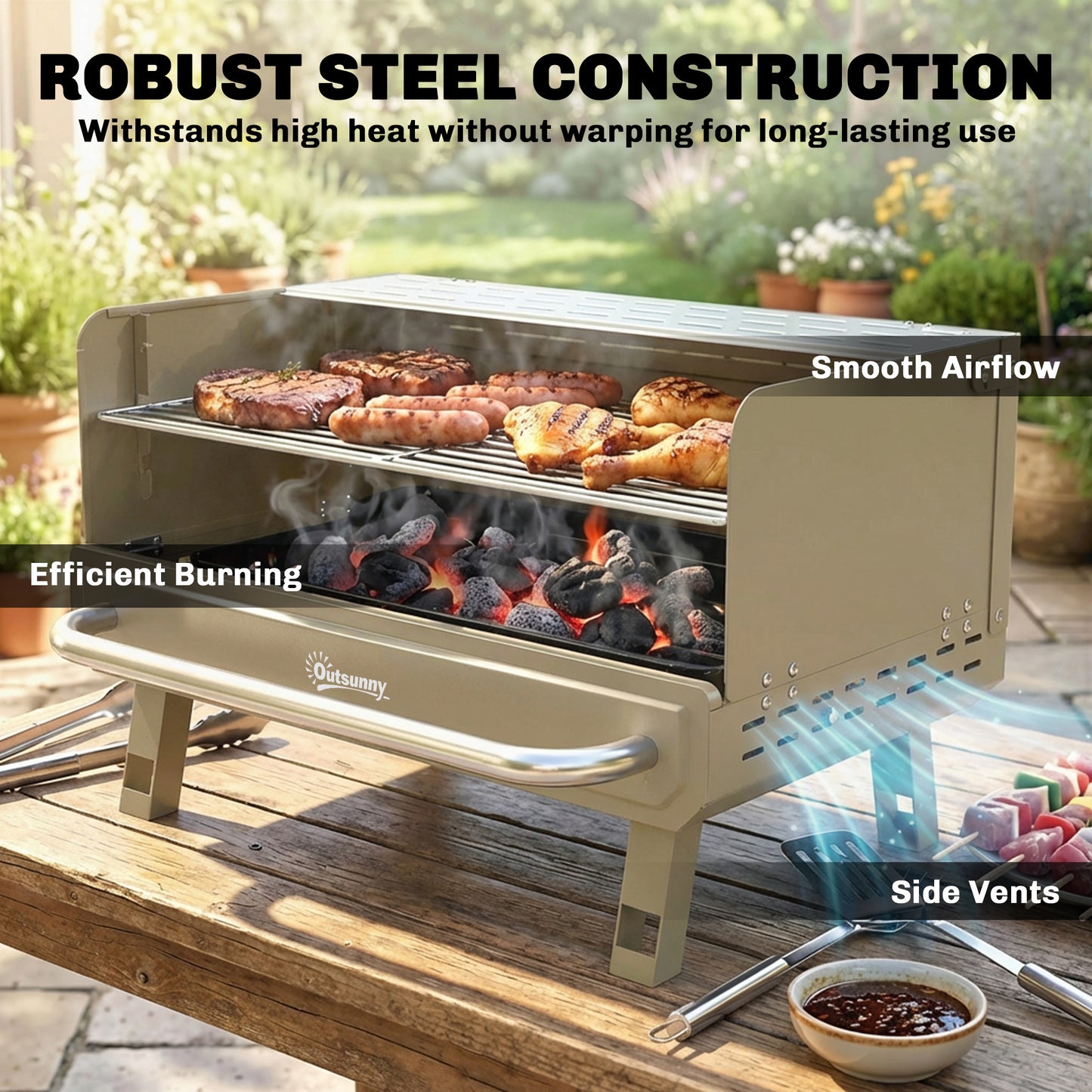 Portable Barbecue Grill with Adjustable Grates for Camping, Khaki