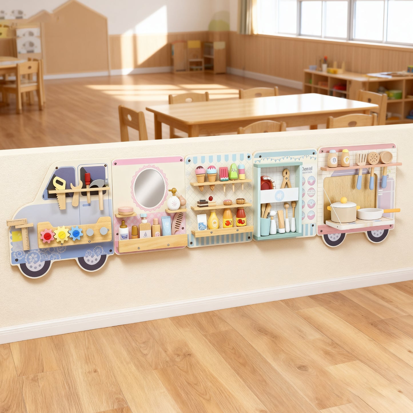 Wooden Busy Board, 5 in 1 Wall Panel Sensory Toy for Kids