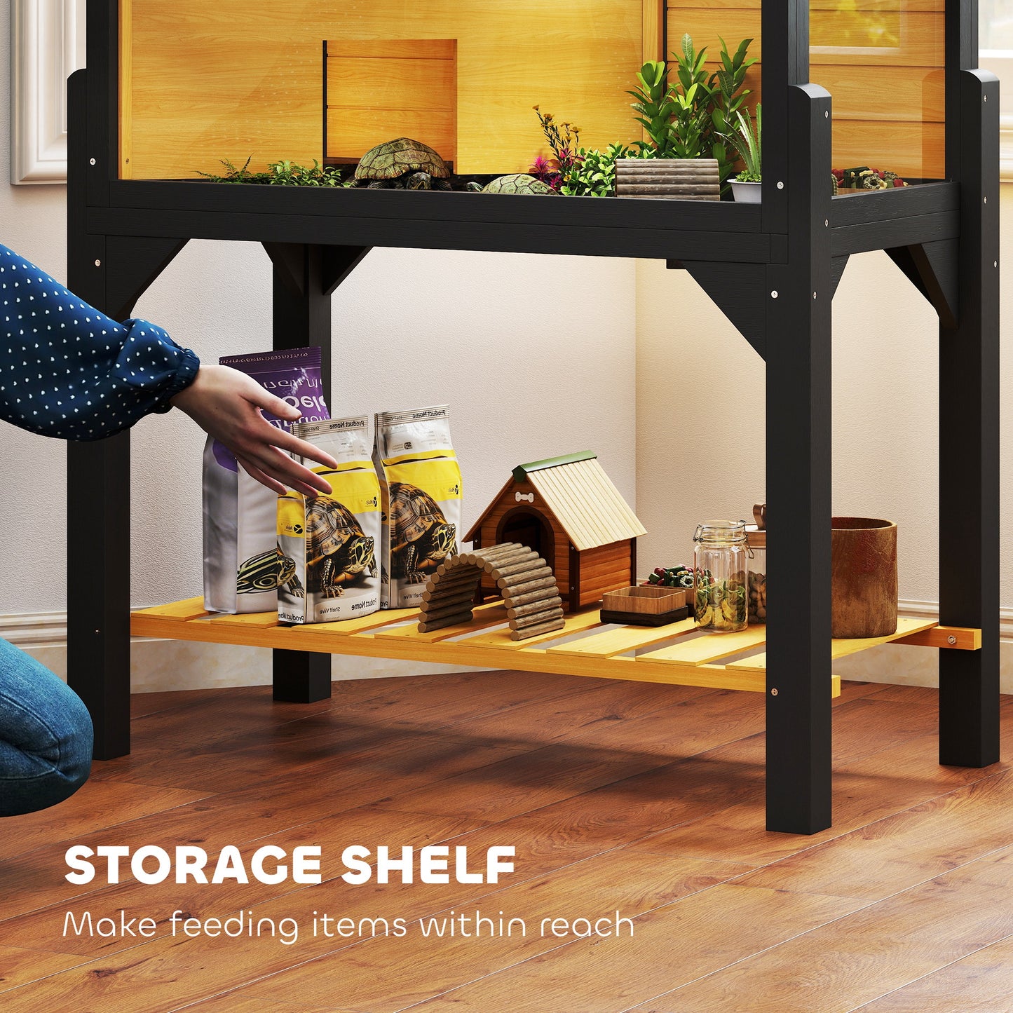 Wooden Tortoise House with Storage Shelf, Clear Observation Windows