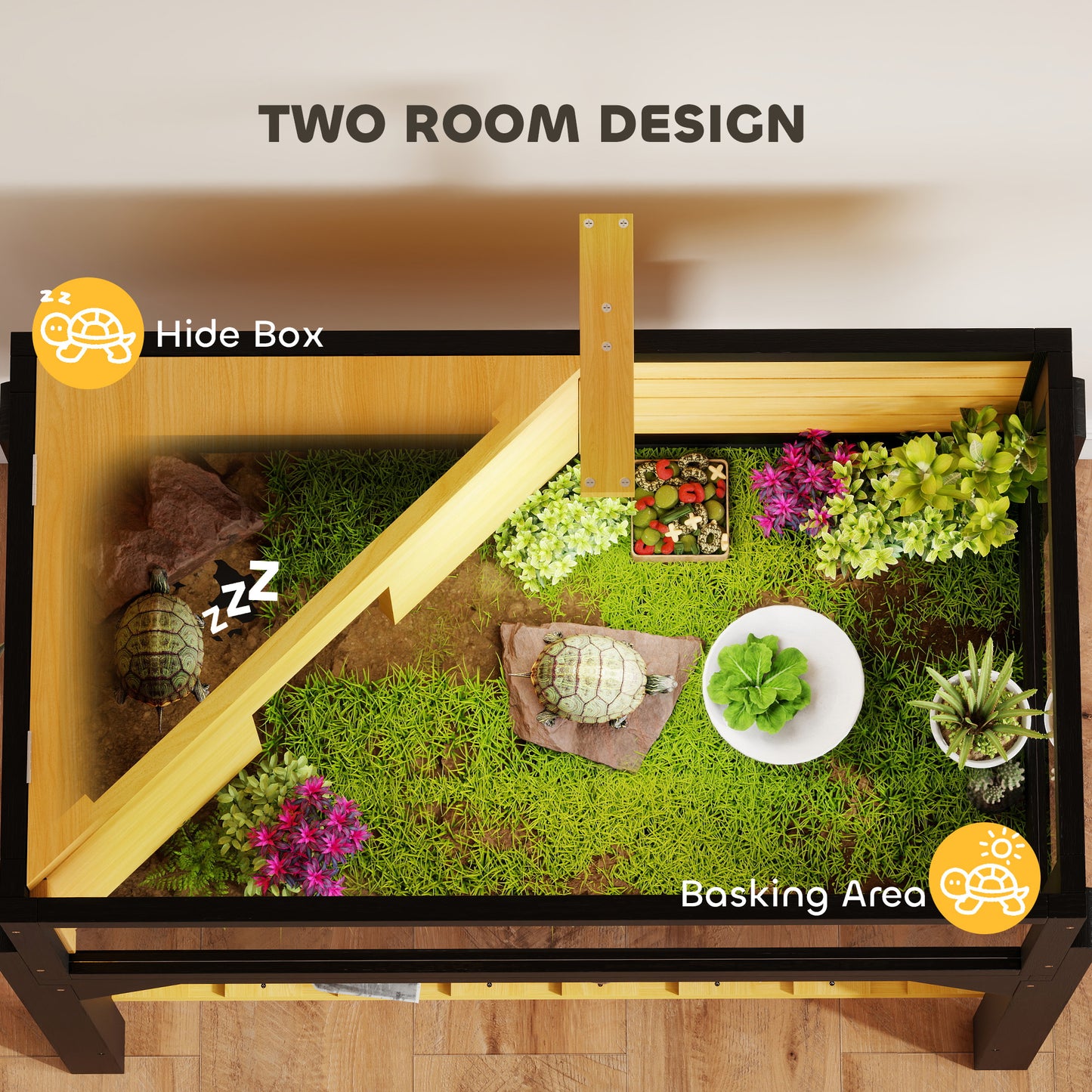 Wooden Tortoise House with Storage Shelf, Clear Observation Windows