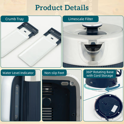 1.7L 3000W Rapid Boil Kettle and 4 Slice Toaster Set Dark Blue