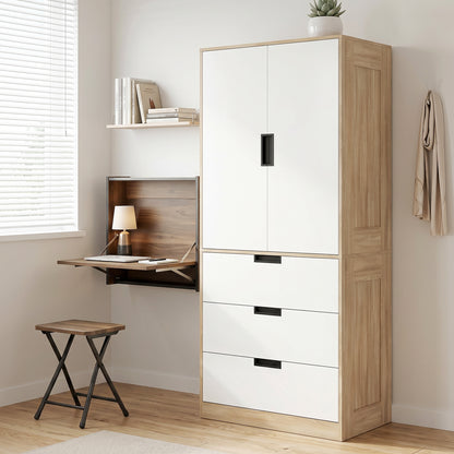 2 Door Wardrobe with 3 Drawers & Hanging Rail, Modern Clothes Storage Cupboard Unit, Bedroom Wardrobe with Soft Closing Hinge, 50D x 80W x 180Hcm, Oak