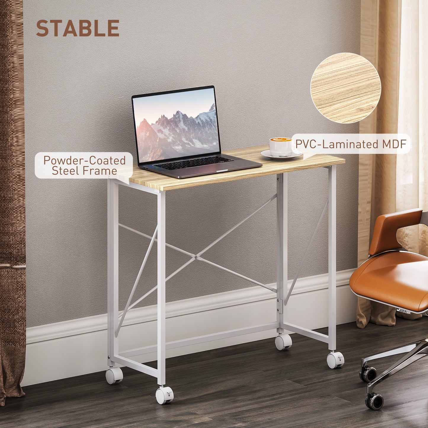 Folding Desk on Wheels, Writing Table for Home Office, Natural
