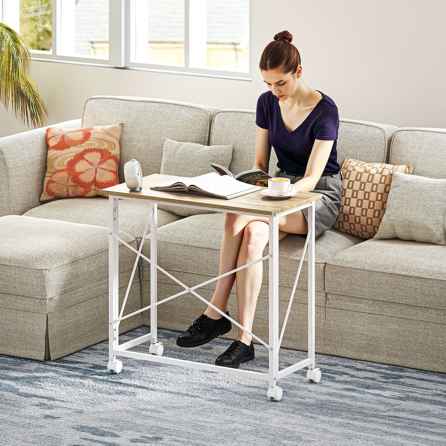 Folding Desk on Wheels, Writing Table for Home Office, Natural