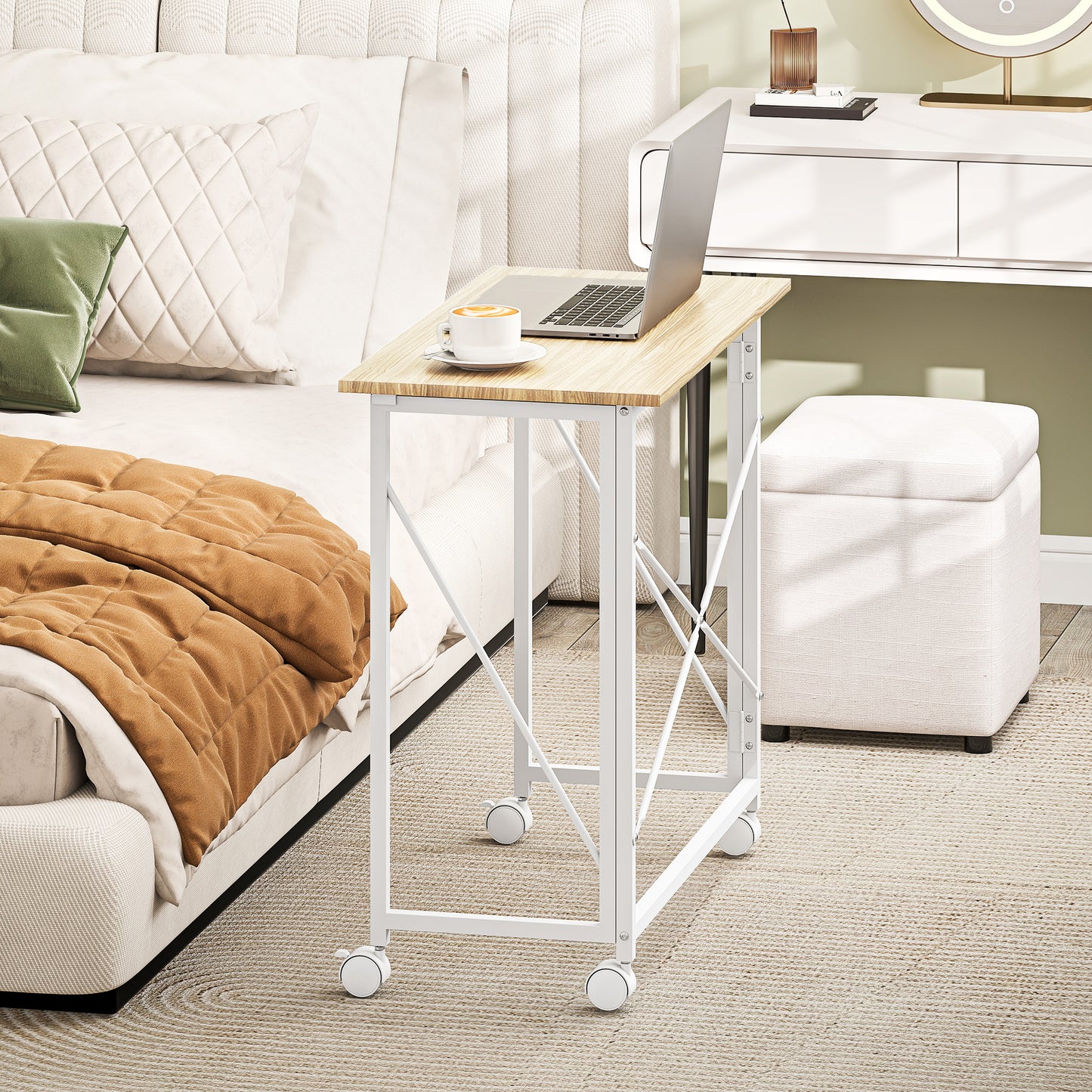 Folding Desk on Wheels, Writing Table for Home Office, Natural