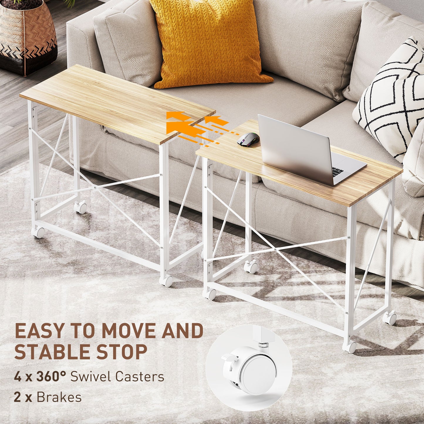 Folding Desk on Wheels, Writing Table for Home Office, Natural