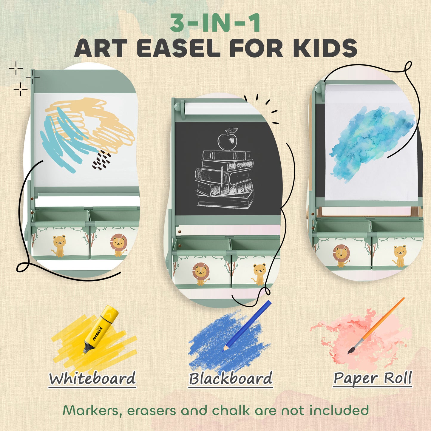 3-in-1 Kids Easel, Double-Sided Art Easel with Paper Roll, Green