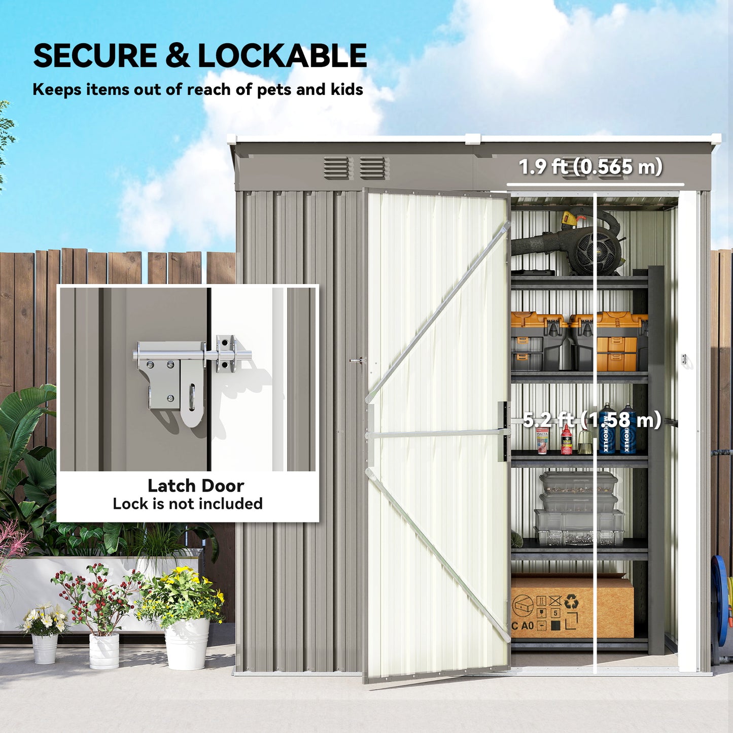 5 x 3 ft Lean-to Garden Shed, Outdoor Storage Shed, Light Grey