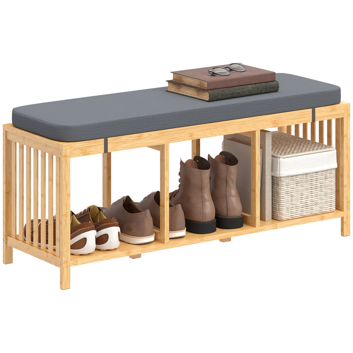 Shoe Rack with Seat, Bamboo Storage Bench, Natural Wood Finish