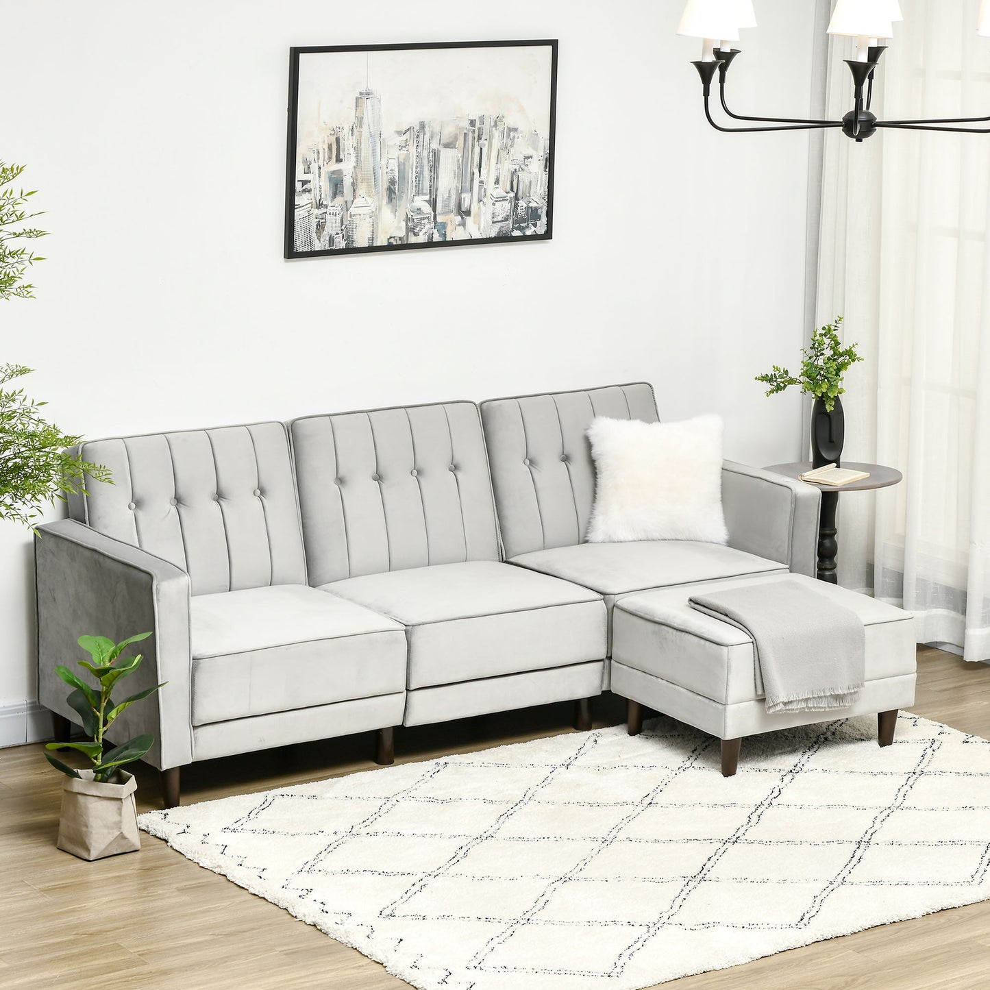 L Shape Sofa Bed Set with 3-Seater Sofa and Footstool, Corner Sofa Bed with Ottoman, Grey