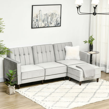 L Shape Sofa Bed Set with 3-Seater Sofa and Footstool, Corner Sofa Bed with Ottoman, Grey