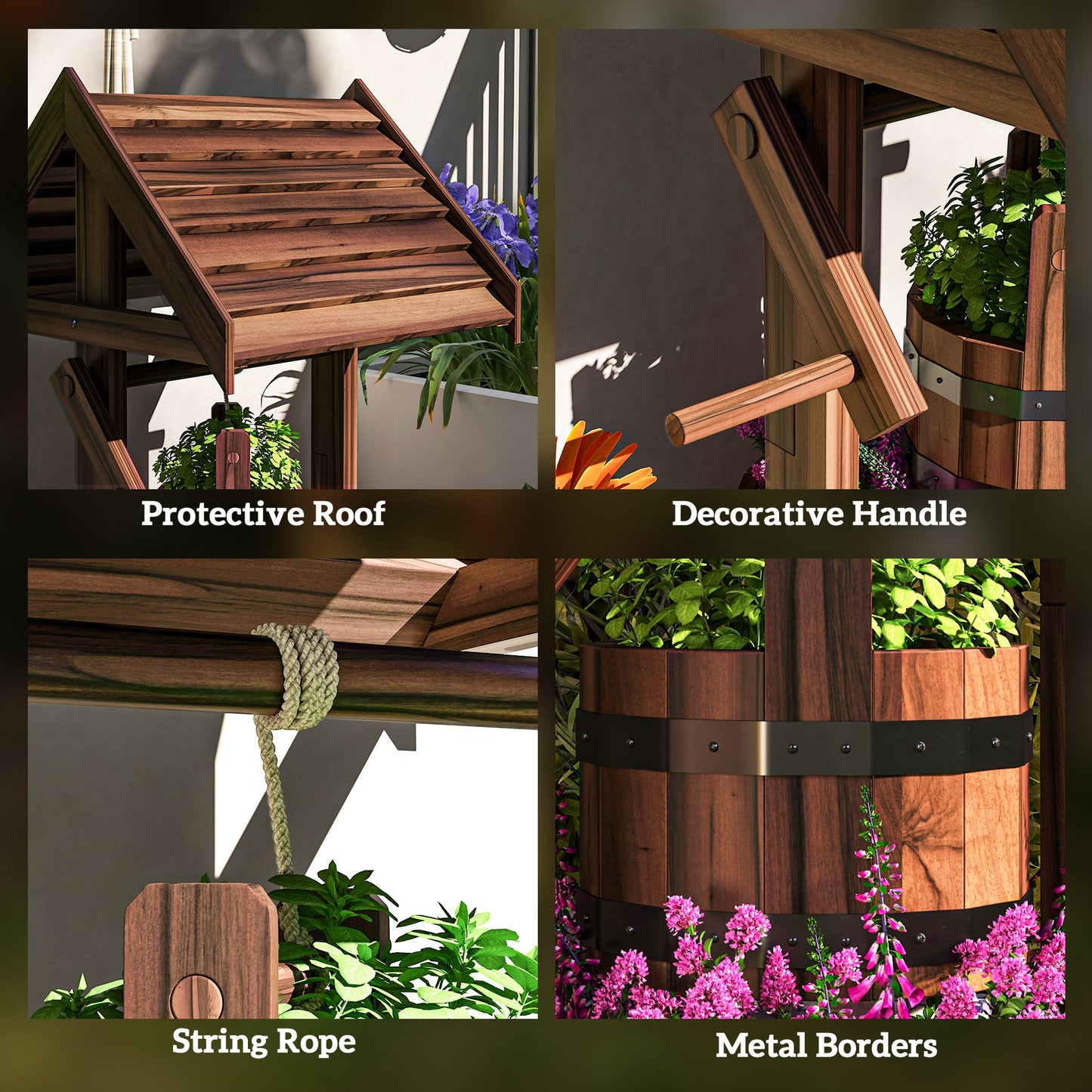 Wooden Wishing Well Planter, Flower Planter with Drainage Hole