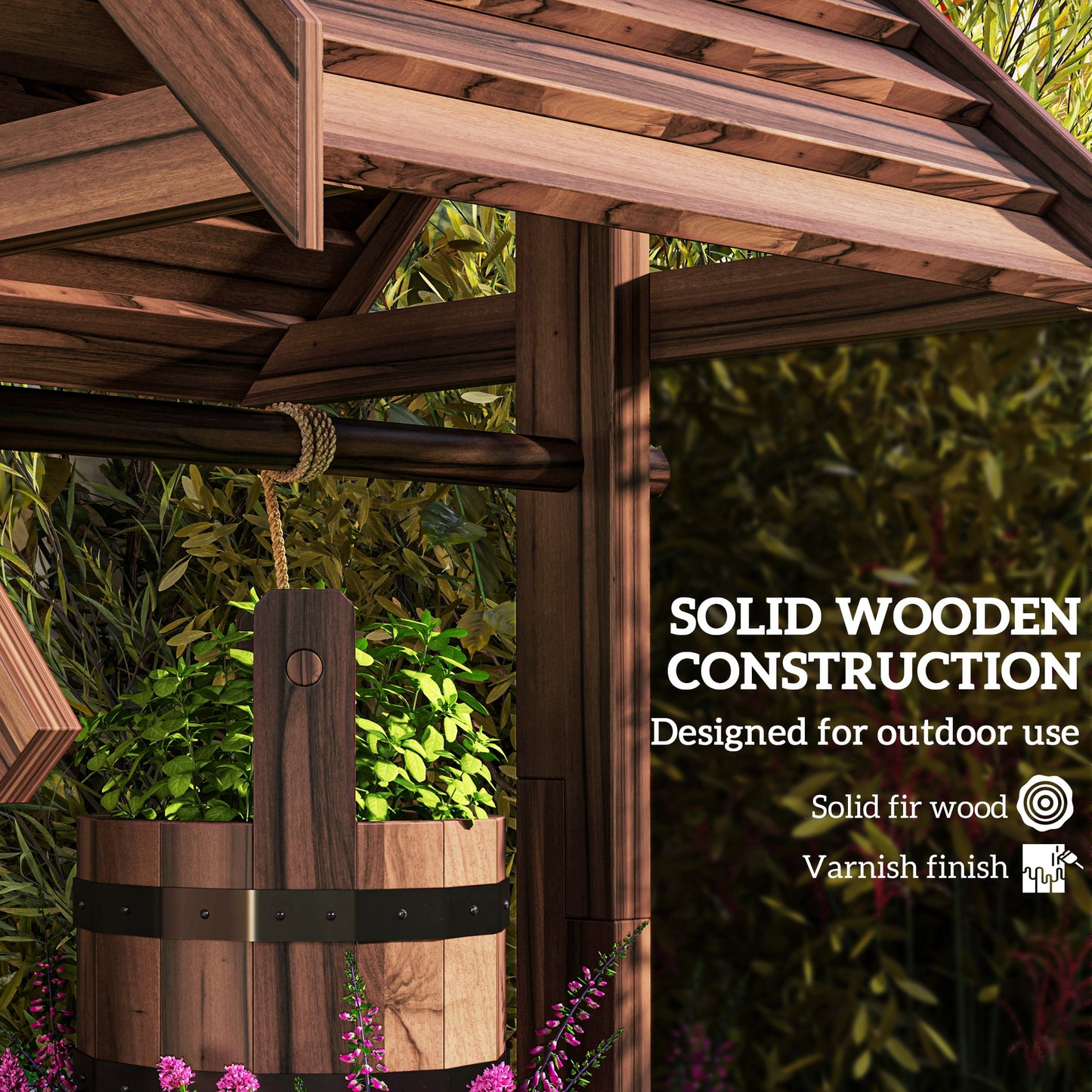 Wooden Wishing Well Planter, Flower Planter with Drainage Hole