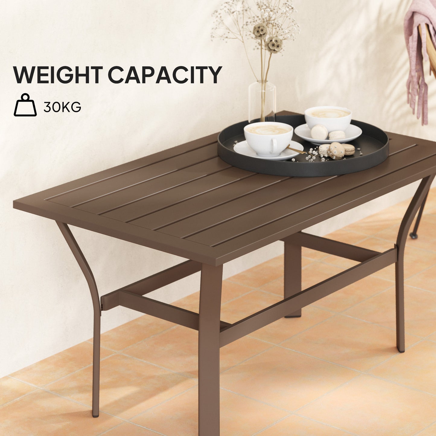 Metal Garden Coffee Table with Slatted Tabletop, Brown