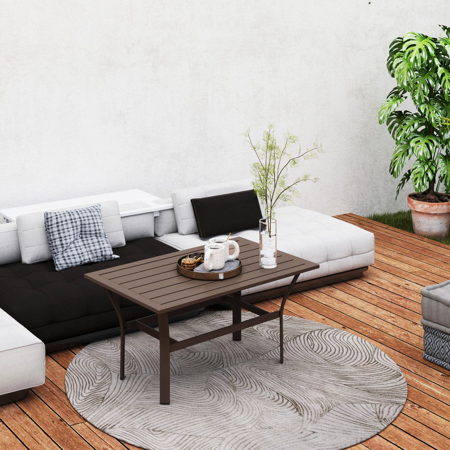 Metal Garden Coffee Table with Slatted Tabletop, Brown