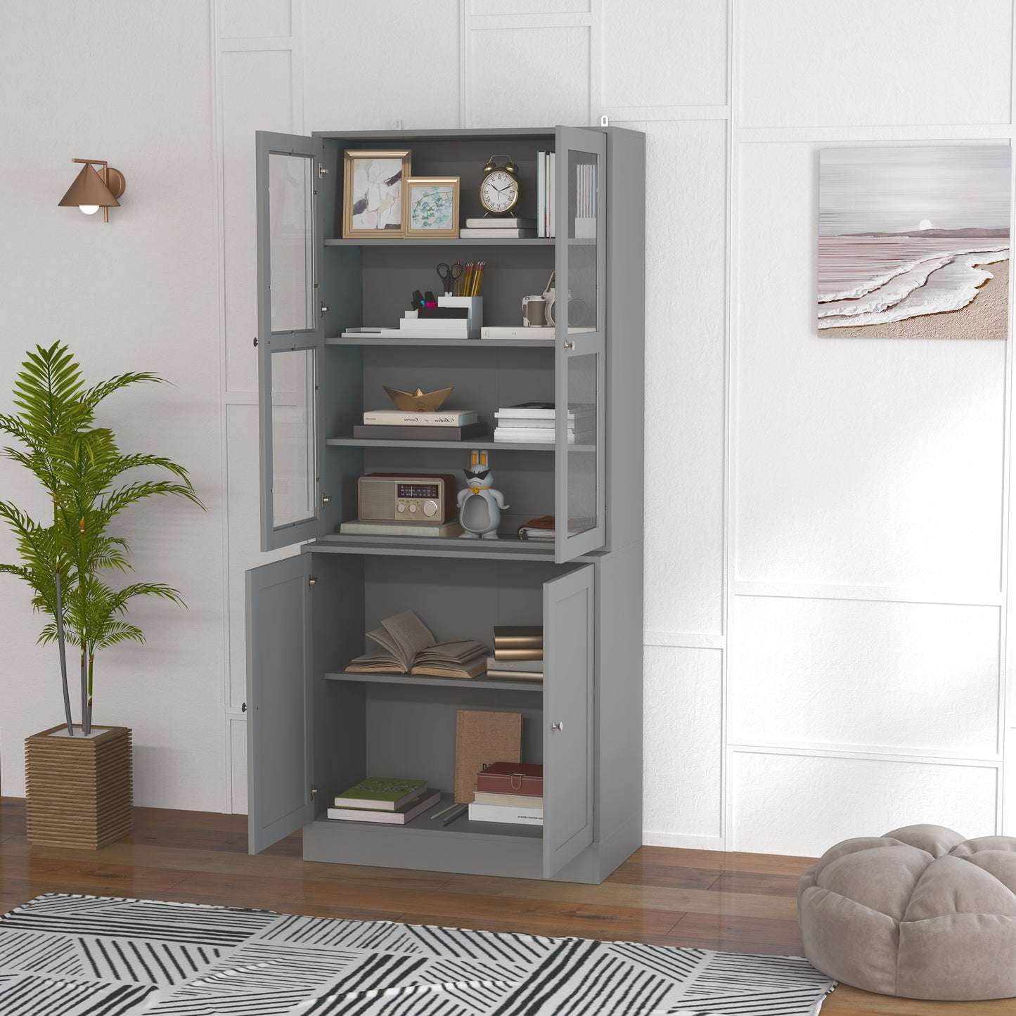Modern Bookcase Display Storage Cabinet w/ Doors Adjustable Shelves