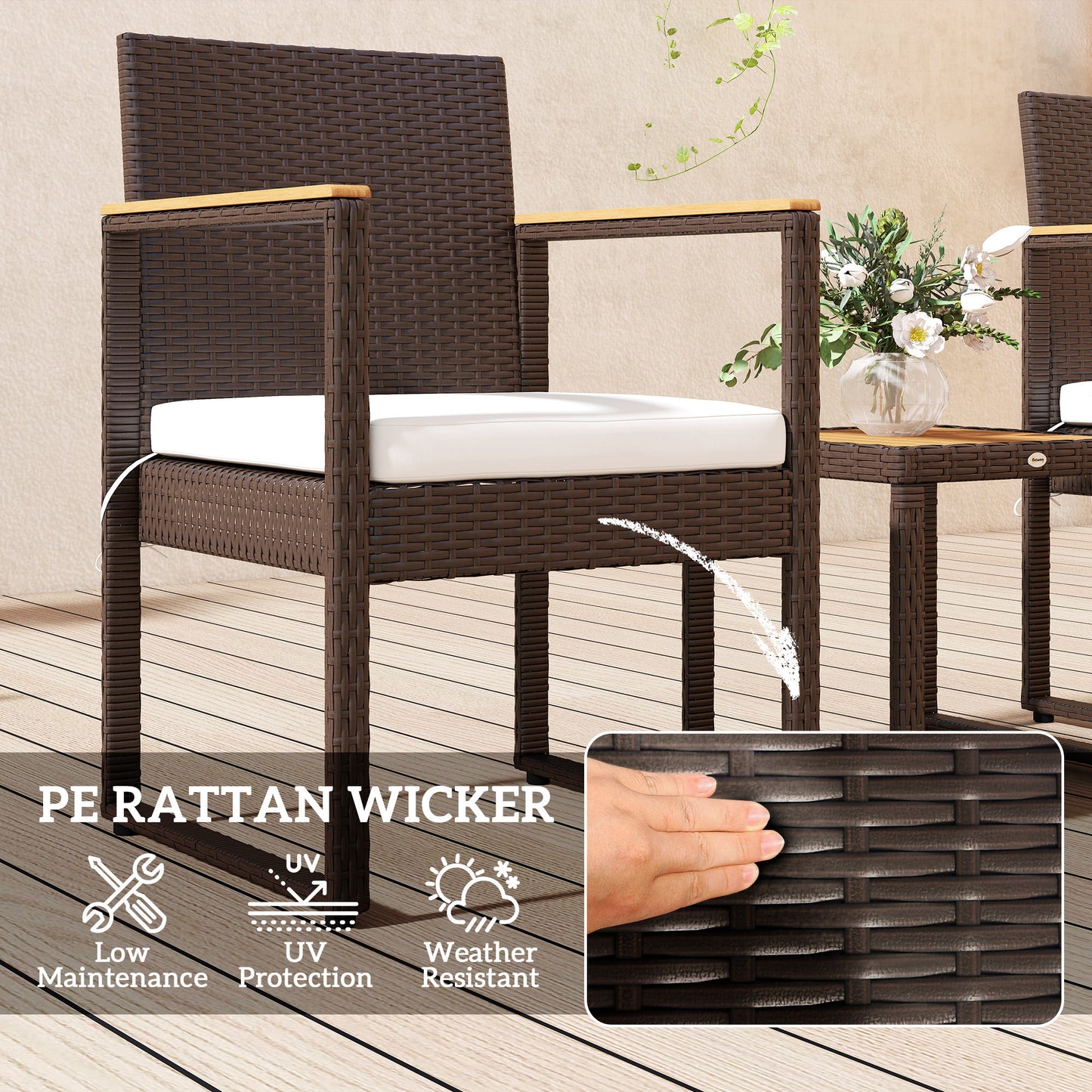 3-Piece Rattan Bistro Set with Acacia Wood Table, White